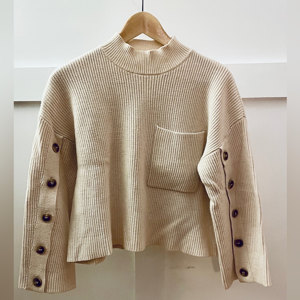 MANGO // cream ivory button detail mockneck sweater rib knit pocket